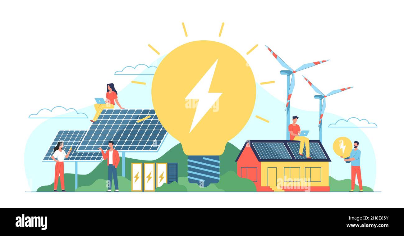 Grüne Energiequellen. Zukünftige Stromerzeugung. Menschen mit Laptops, Solarzellen und Windturbinen. Ökologischer Lebensstil. Glühlampe Stock Vektor