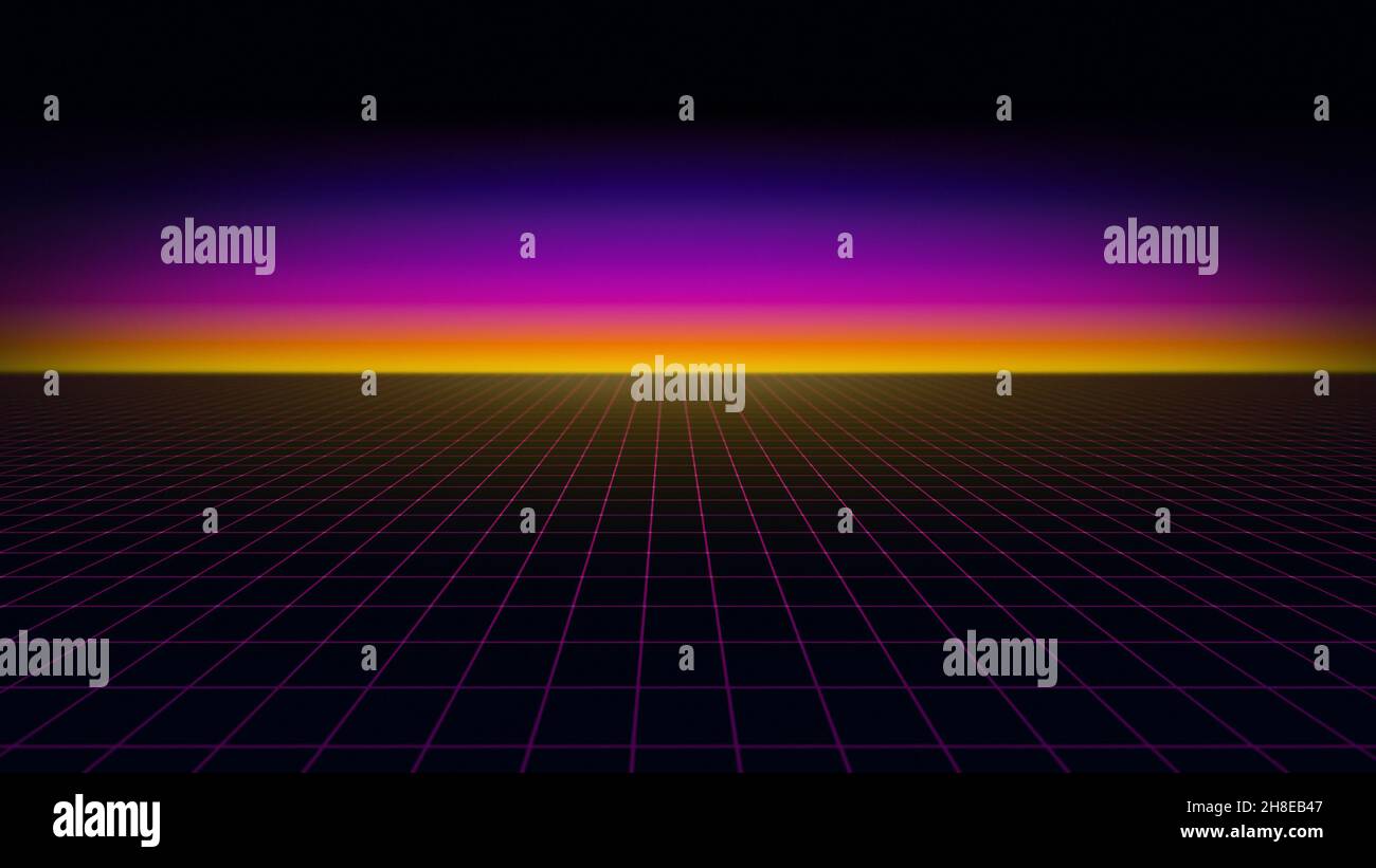 Hintergrund im Retro-1980s-Stil mit lebhaftem Neon-Farbverlauf am Sonnenuntergangshimmel und rosafarbenem Gitter mit abnehmender Perspektive. Speicherplatz kopieren. 4K Auflösung. Stockfoto