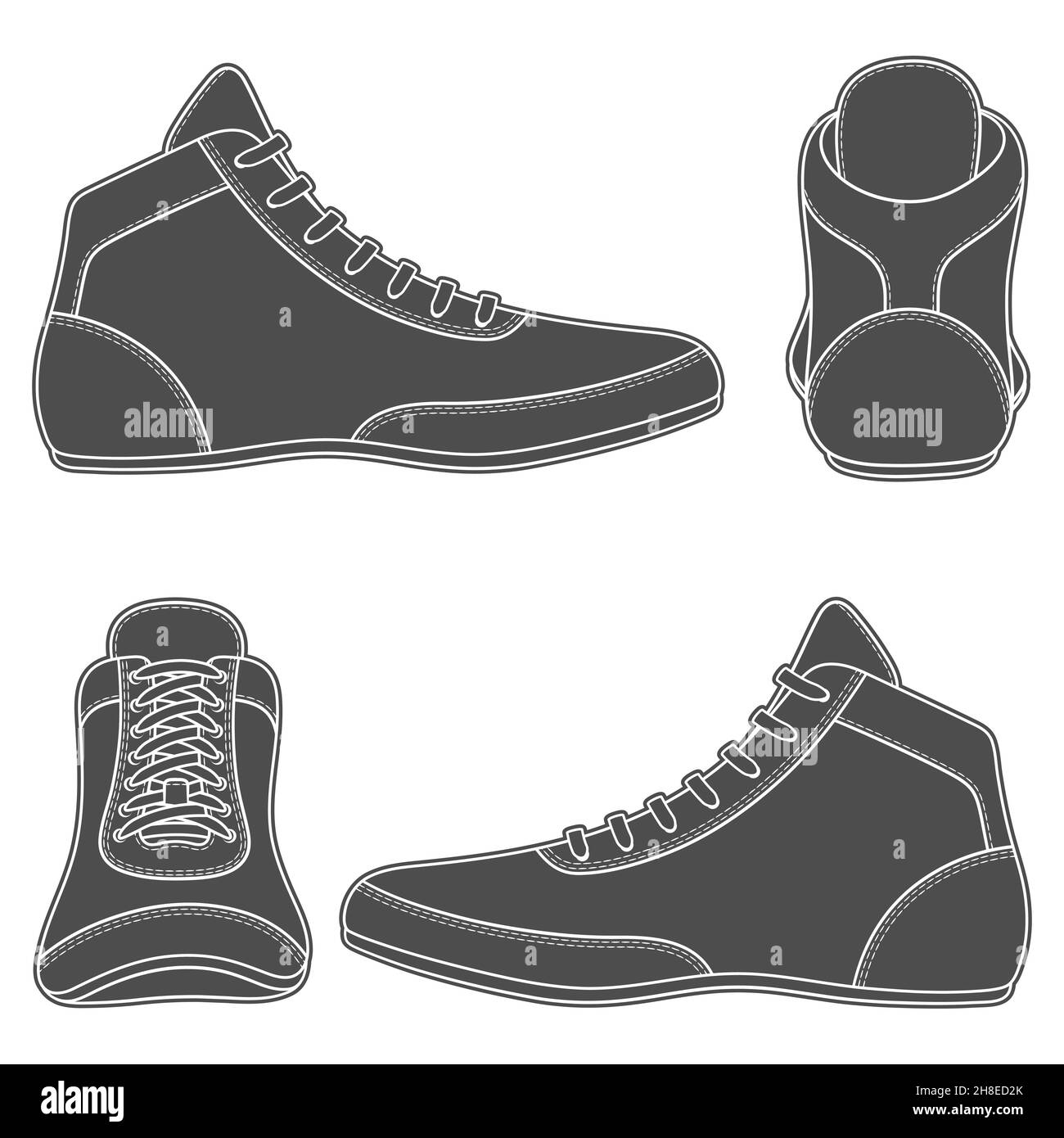 Set mit schwarz-weißen Illustrationen mit Wrestling-Schuhen, Sportschuhen. Isolierte Vektorobjekte auf weißem Hintergrund. Stock Vektor