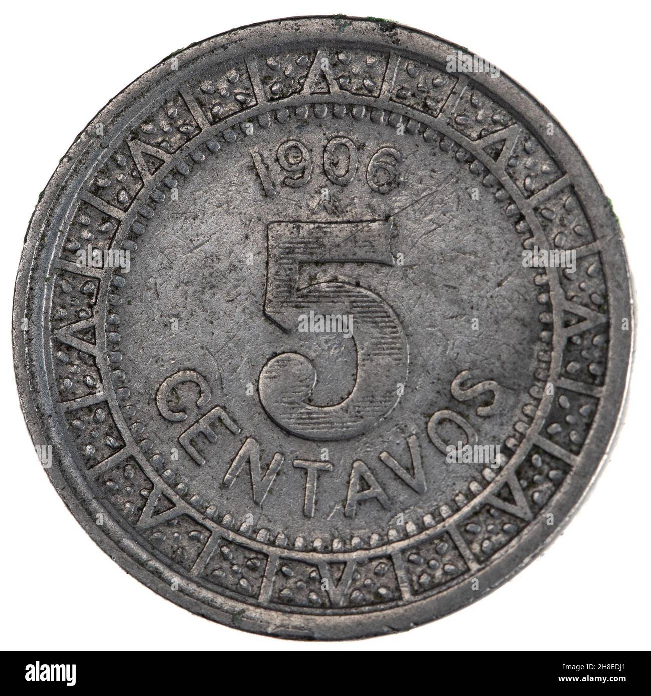 Antike Mexiko 1906 Fünf Centavos Kupfer-Nickel-Münze Stockfoto