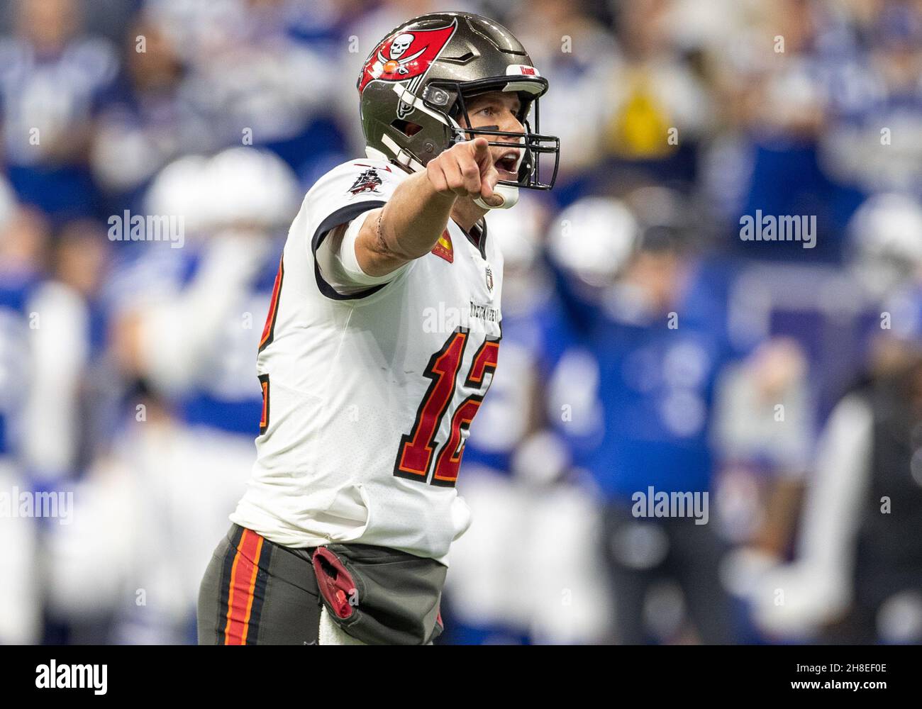 Indianapolis, Indiana, USA. 28th. November 2021. Tom Brady (12), der Quarterback von Tampa Bay Buccaneers, leitet die Offensive während des NFL-Fußballspiels zwischen den Tampa Bay Buccaneers und den Indianapolis Colts im Lucas Oil Stadium in Indianapolis, Indiana. Tampa Bay besiegte Indianapolis 38-31. John Mersits/CSM/Alamy Live News Stockfoto