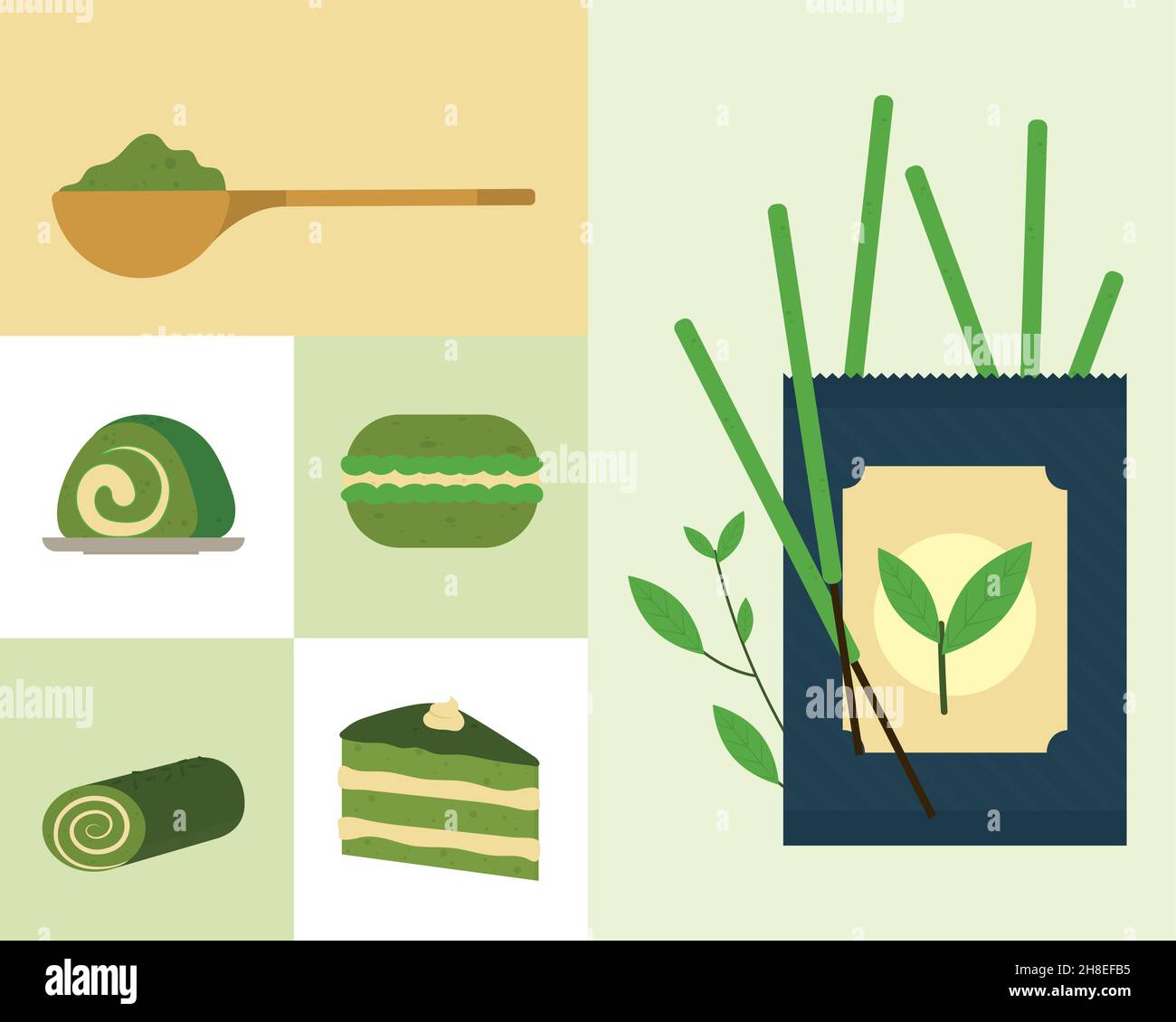 matcha-Tee- und Food-Icon-Set Stock Vektor