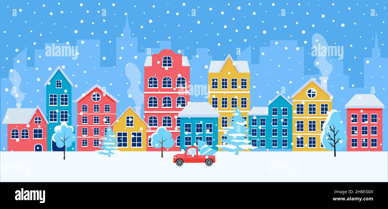 Weihnachtskarte mit Stadtbild, Schneefallwagen und Weihnachtsbäumen. Weihnachtsstadt. Winter Weihnachtsdorf. EPS 10 Stock Vektor