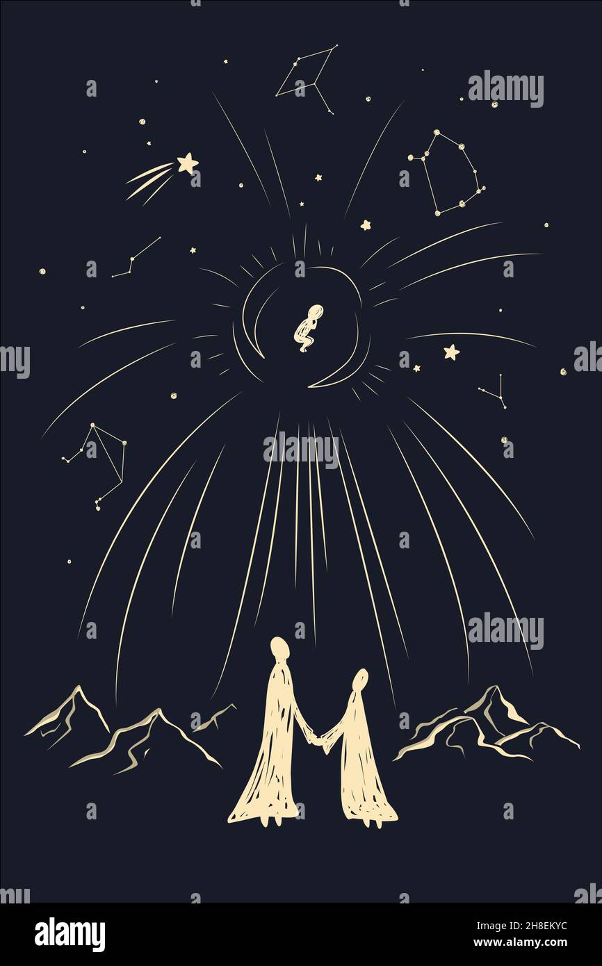 Mystery of Jesus Christ Geburt Vektor-Illustration. Fröhliches Weihnachtsbanner mit Maria und Joseph, das auf das Jesuskind wartet. Weihnachtswunderkonzept. Geburt Stock Vektor