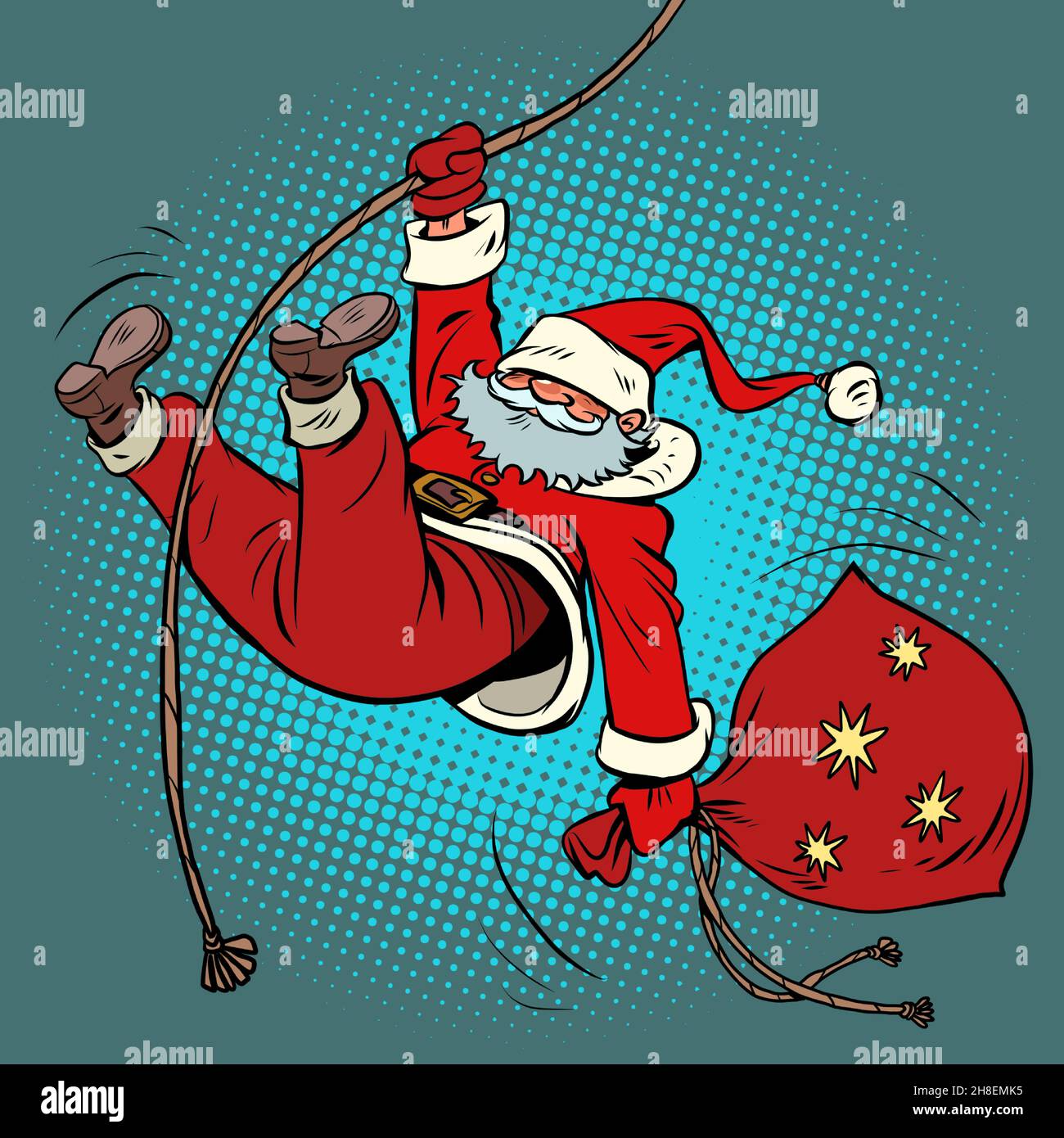 Der Weihnachtsmann steigt mit Geschenken an einem Seil hinab. Weihnachten und Neujahr Winterferien Stock Vektor