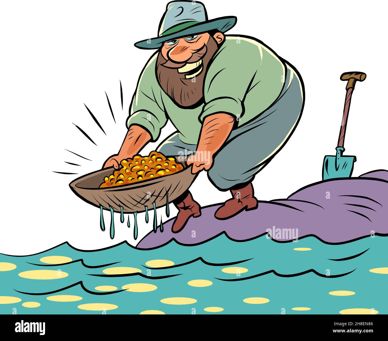 Ein Prospektor wäscht Gold im Fluss. Glückstreffer Stock Vektor