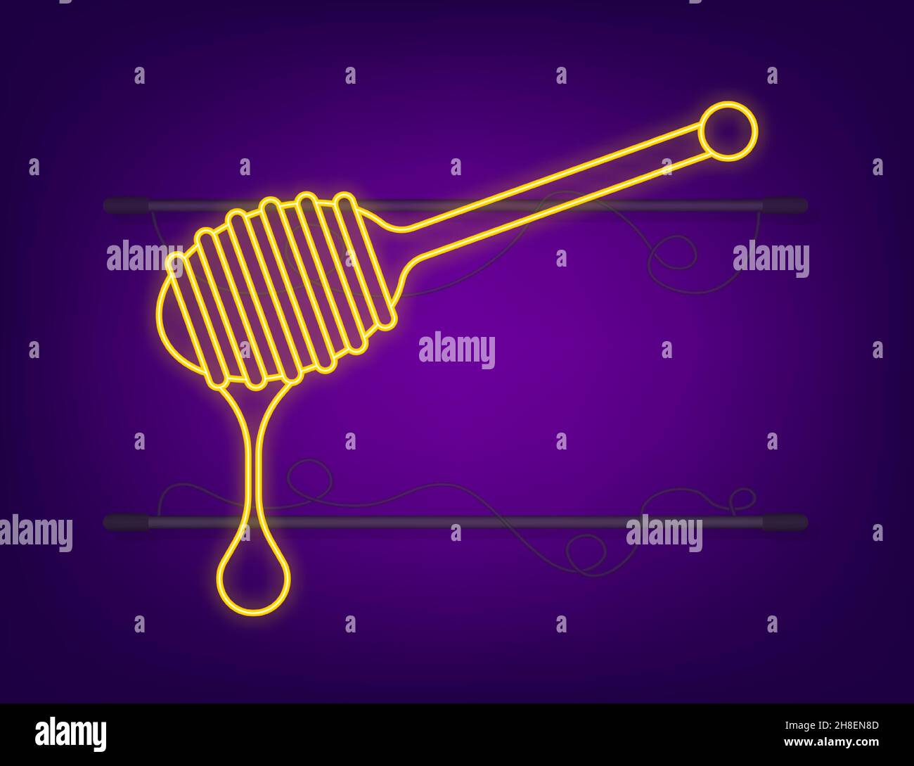Holzlöffel für flüssige Süße Neonschild. Honigkipper. Vektorgrafik Stock Vektor