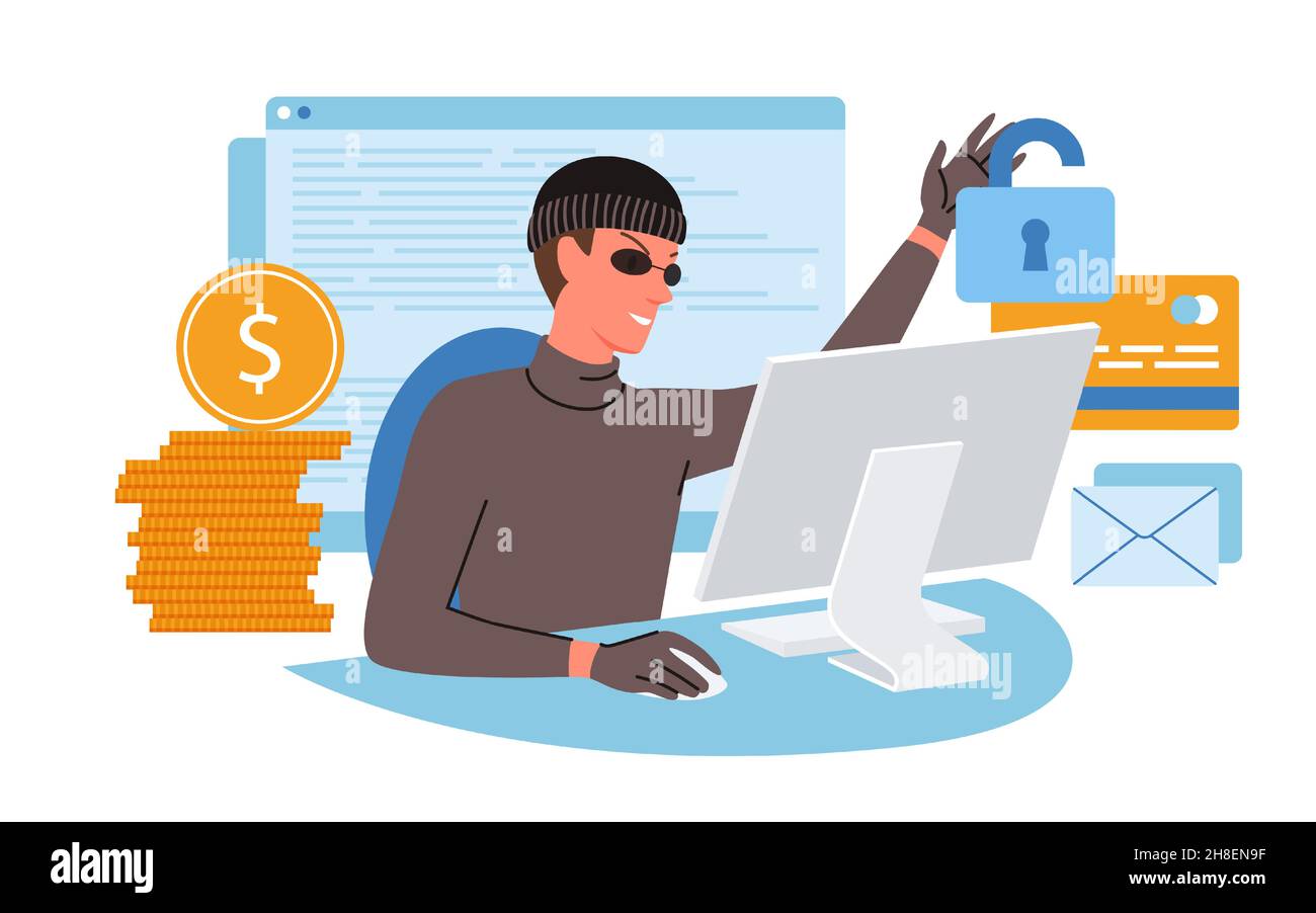 Dieb-Hacking, Cyberdiebstahl und Online-Betrug, Hacker, die Computer benutzen, Geld stehlen Stock Vektor
