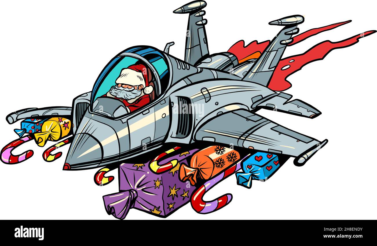 Der Weihnachtsmann fliegt auf einem Sturmtruppen-Flugzeug mit Geschenken anstelle von Bomben. Weihnachten und Neujahr Winterferien Stock Vektor