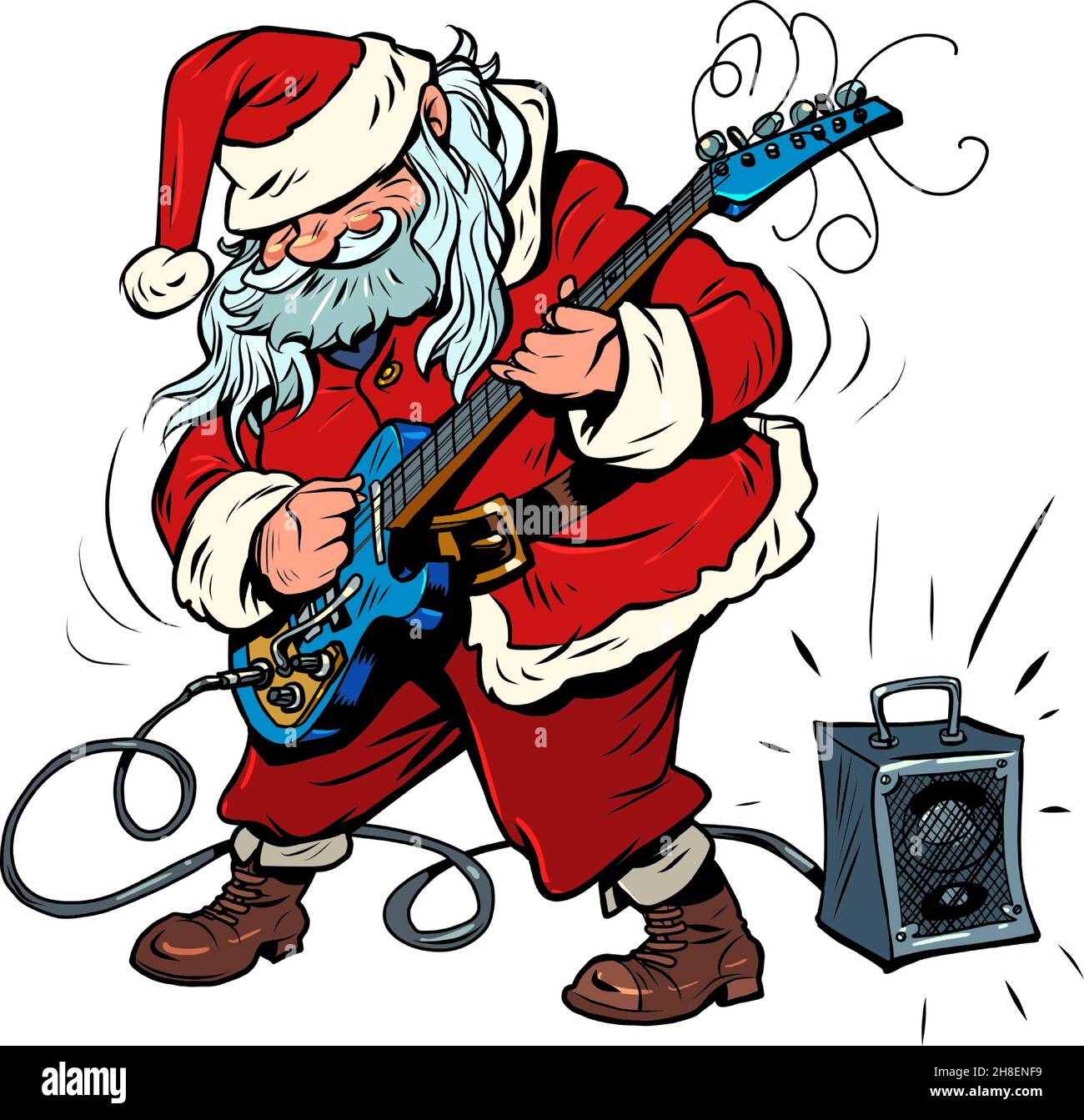 Santa Claus ist ein Musiker, der eine E-Gitarre mit einem Lautsprecher spielt. Weihnachten und Neujahr Winterferien Stock Vektor