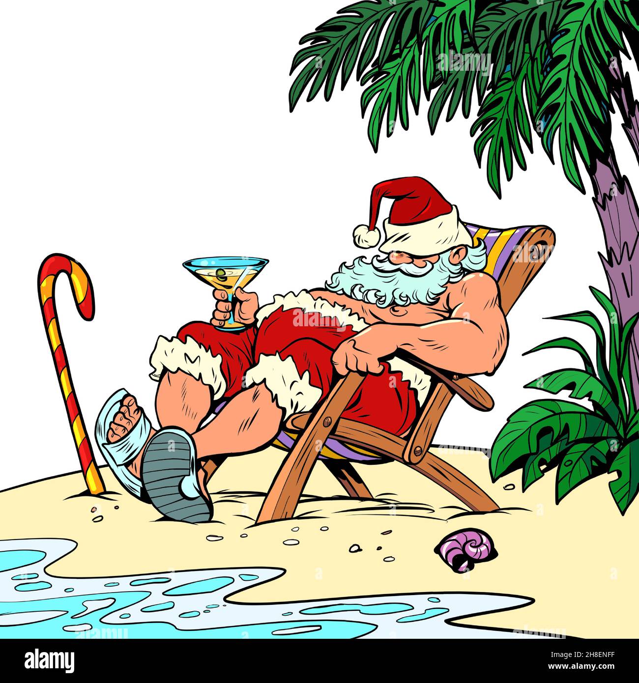 Der Weihnachtsmann ruht in einem Resort am Meer am Strand. Weihnachten und Neujahr. Winterurlaub in der Saison Stock Vektor
