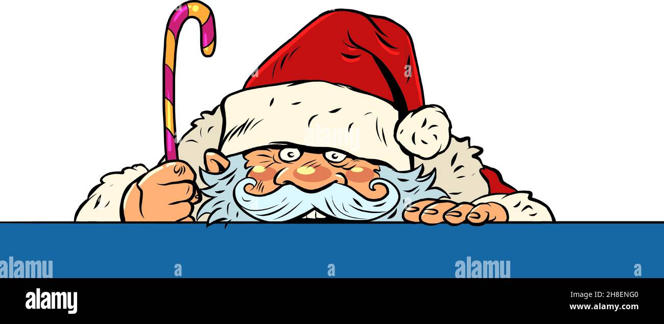 Der lustige Weihnachtsmann schaut zu. Weihnachten und Neujahr. Winterurlaub in der Saison Stock Vektor