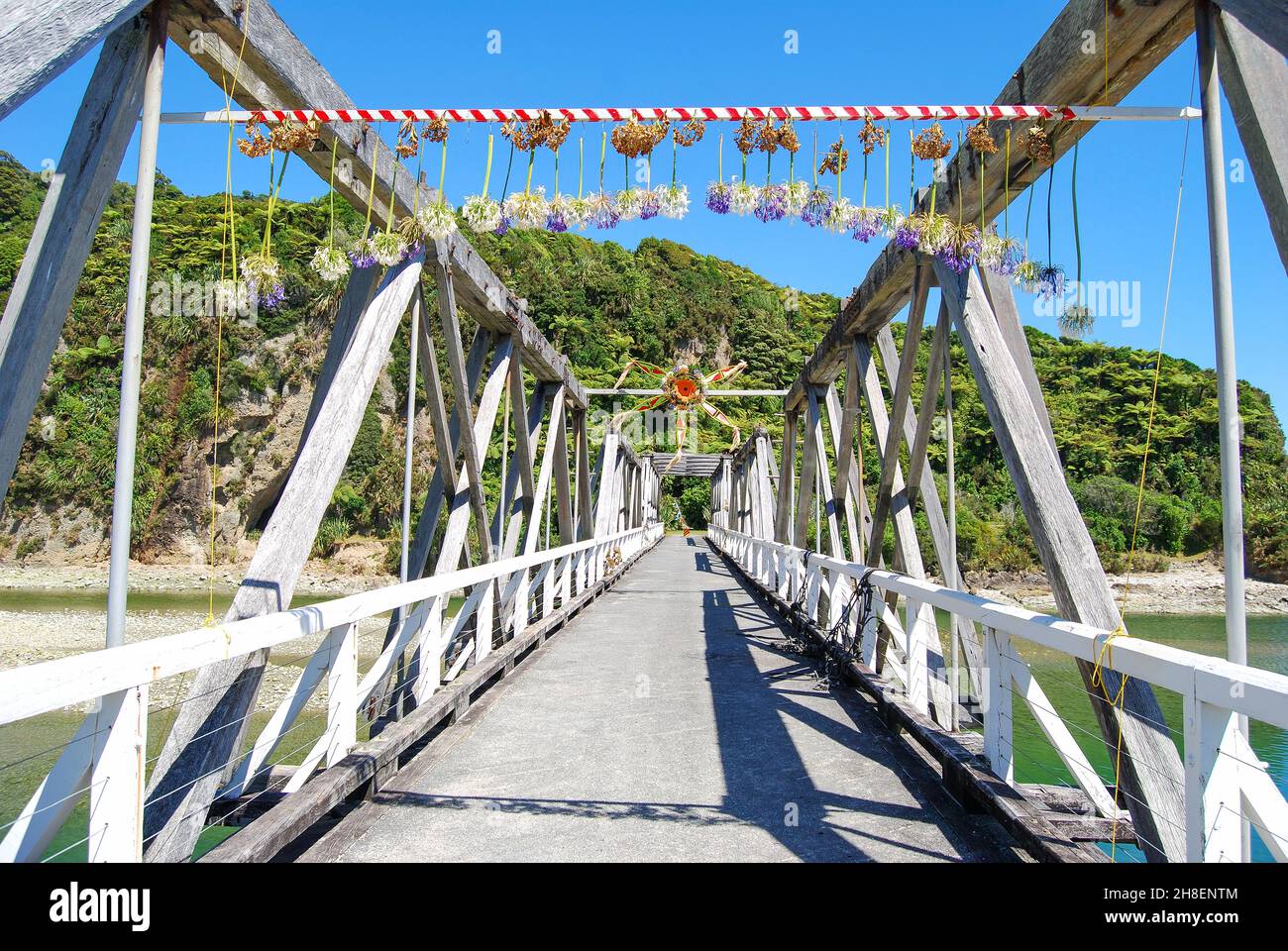 Historische Holzbrücke, Fox River, Paparoa National Park, West Coast, Südinsel, Neuseeland Stockfoto