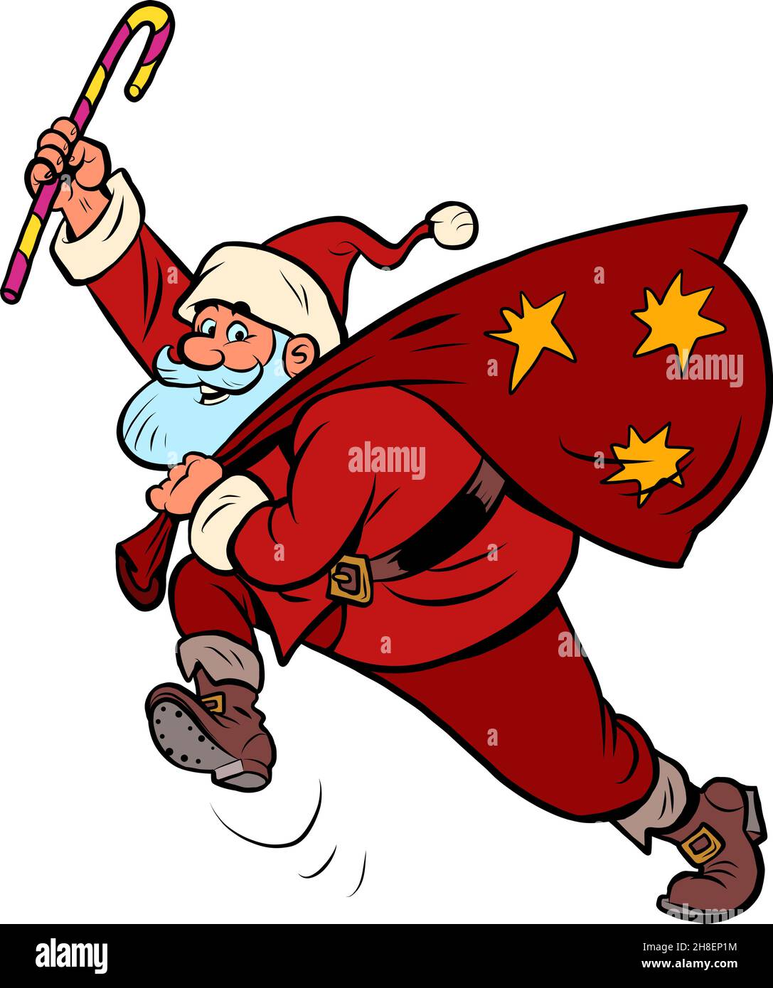 Der Weihnachtsmann mit einem Lutscher und einer Tüte mit Geschenken hat es zu Weihnachten eilig Stock Vektor