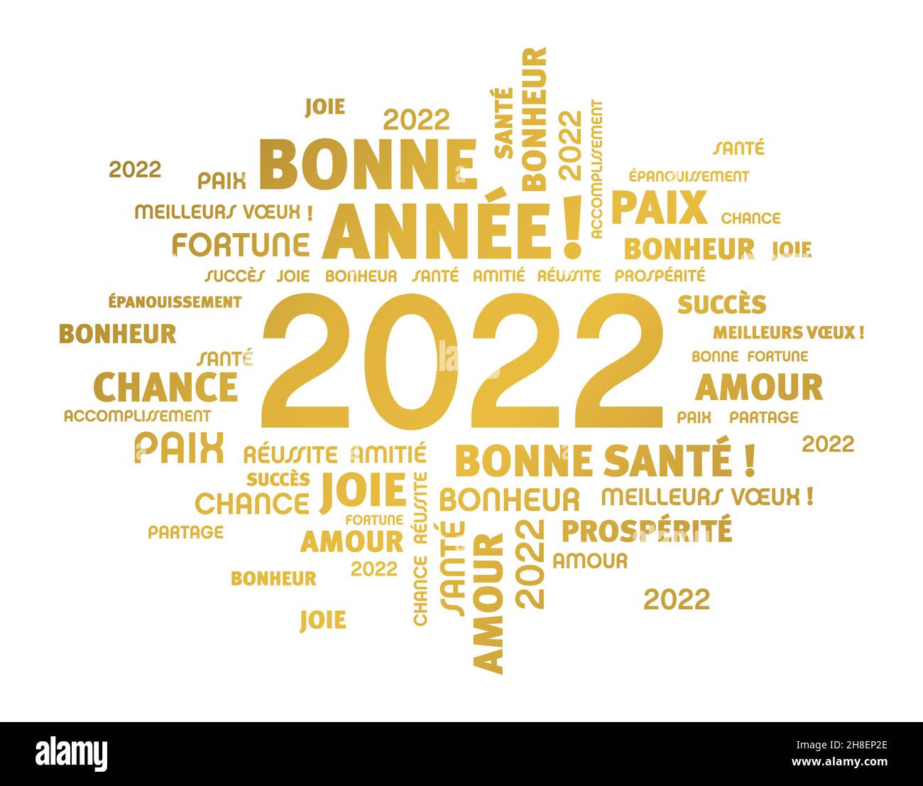 Grußworte zum Neujahrsdatum 2022, goldfarben, in französischer Sprache, isoliert auf Weiß. Wortwolke wünscht. Stock Vektor