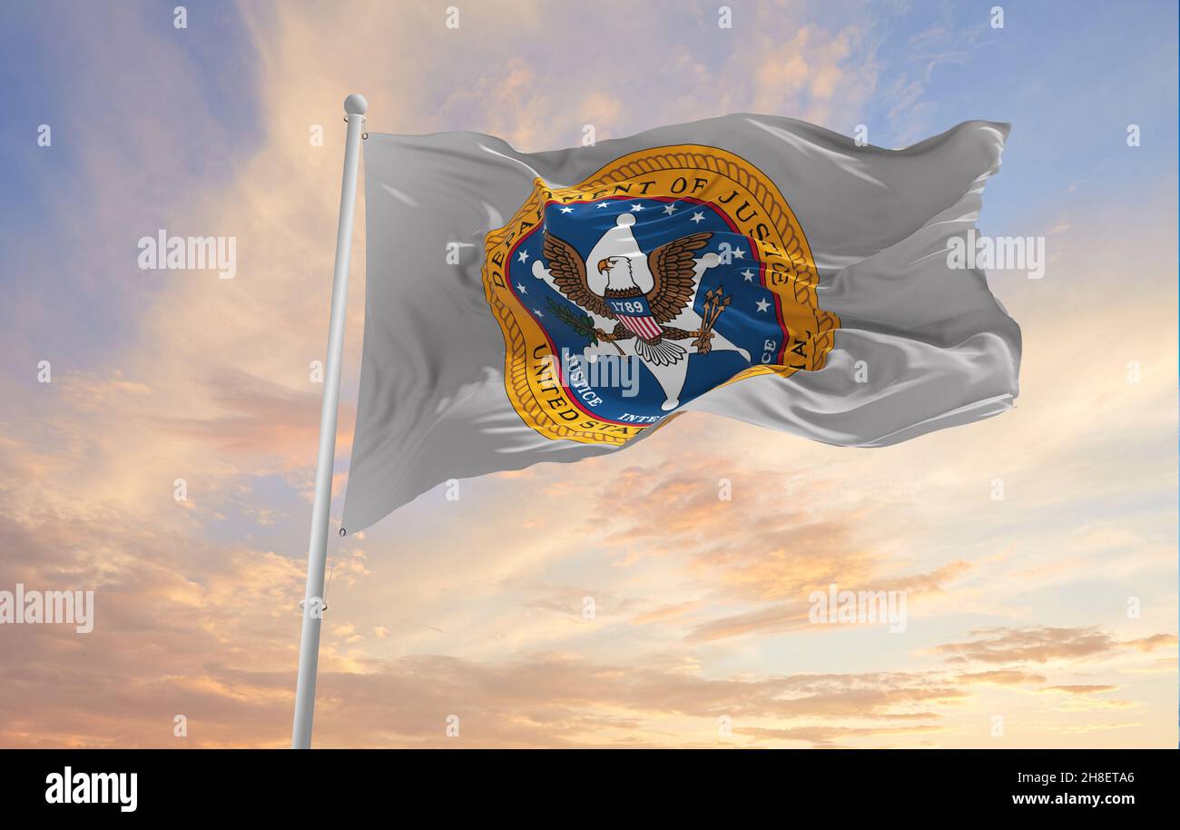 Minsk, Weißrussland - Mai, 2021: Flagge des Marschalldienstes der Vereinigten Staaten winkt im Wind. USA Nationale Verteidigung. Speicherplatz kopieren. 3D Abbildung. Stockfoto