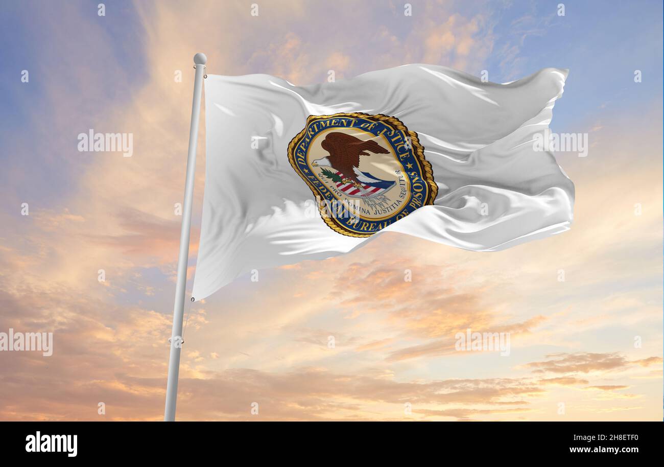 Minsk, Weißrussland - Mai, 2021: Flagge des US-Bundesamtes für Gefängnisse winkt im Wind. US-Abteilungen. Speicherplatz kopieren. 3d-Abbildung, Stockfoto