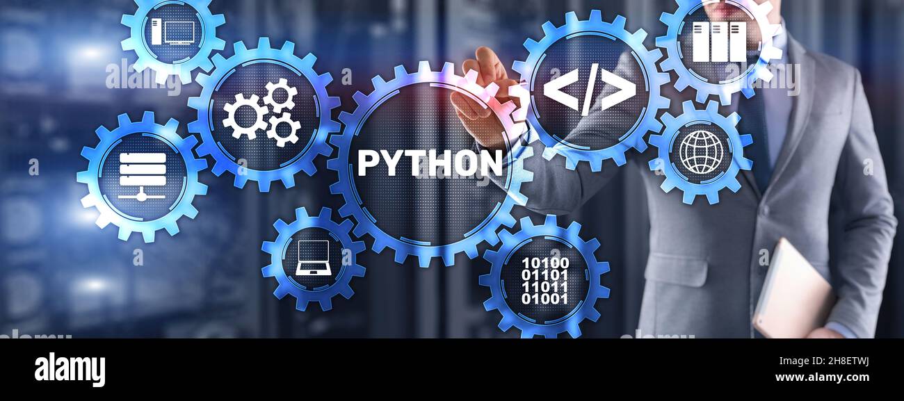 Python High Level Programmiersprache. Kommunikationstechnologie-Konzept. Stockfoto