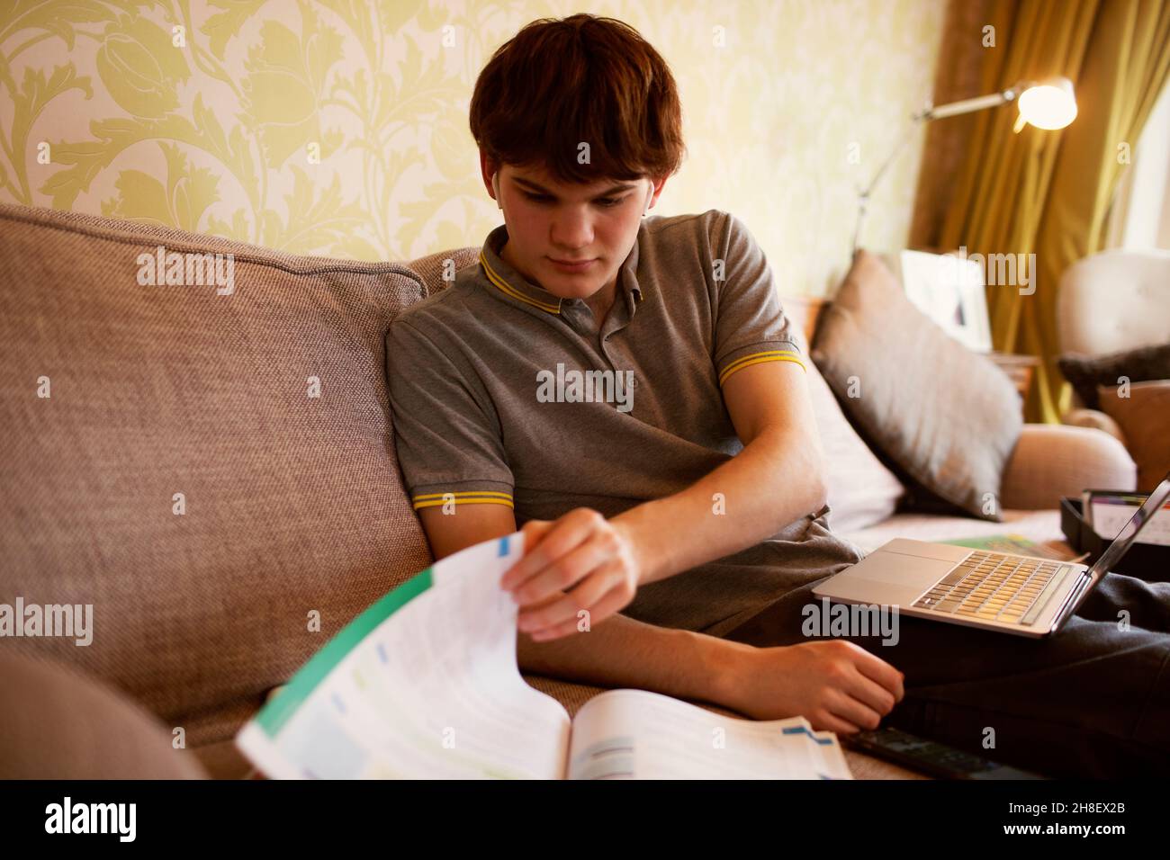 Teenager-Junge mit Laptop und Lehrbuch zu Hause lernen Stockfoto