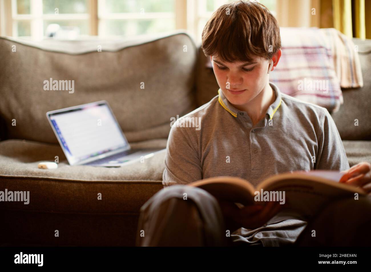 Fokussierter Teenager mit Lehrbuch, das zu Hause studiert Stockfoto