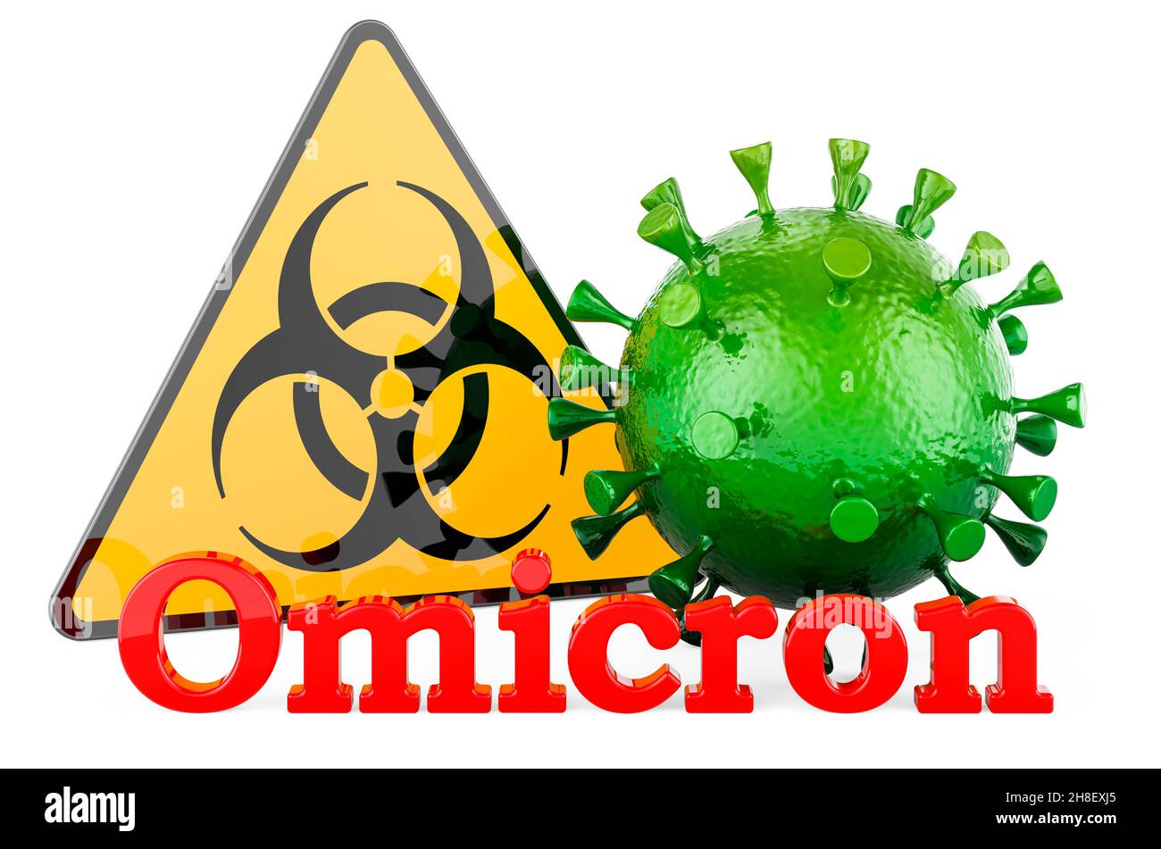 Omicron Covid Variante B.1.1.529 mit Biogefahrenschild. Coronavirus, COVID-19 gefährliches Konzept. 3D Darstellung isoliert auf weißem Hintergrund Stockfoto