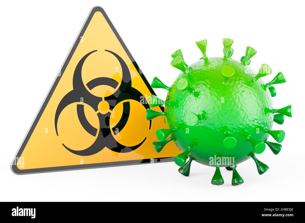 Virus mit Biohazard-Straßenschild, 3D Rendering isoliert auf weißem Hintergrund Stockfoto
