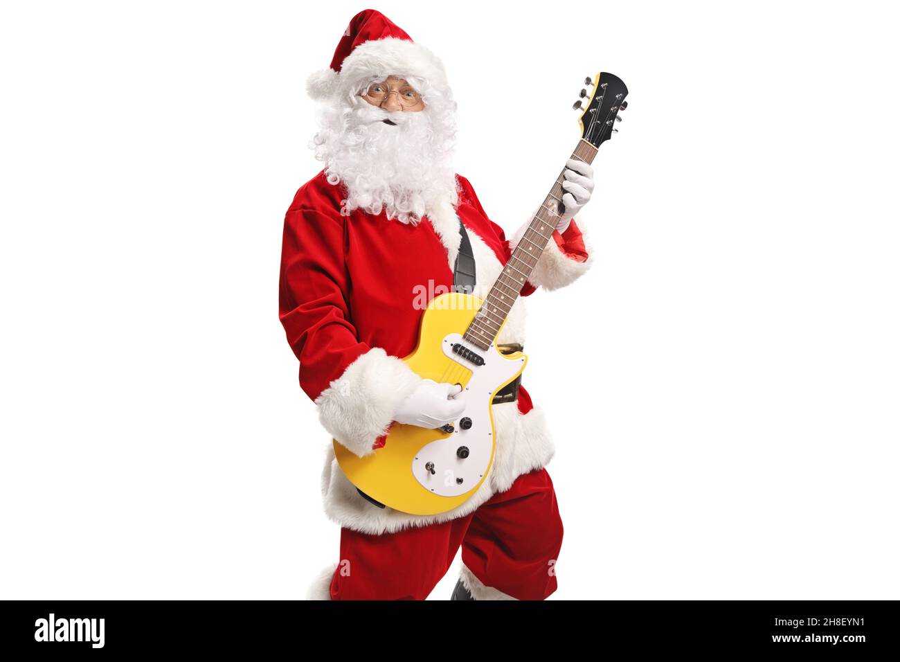 Cool santa claus spielt eine electirc Gitarre isoliert auf weißem Hintergrund Stockfoto
