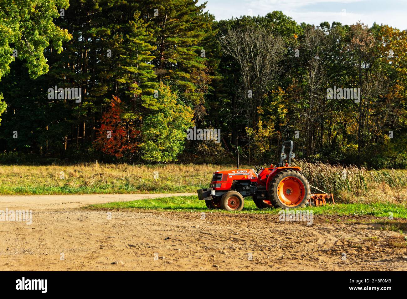 Apple Red Kubota Traktor parkte im Gras vor einem Hintergrund von Bäumen in frühen goldenen Stunden Licht auf Appleton Farms - Ipswich, Massachusetts Stockfoto