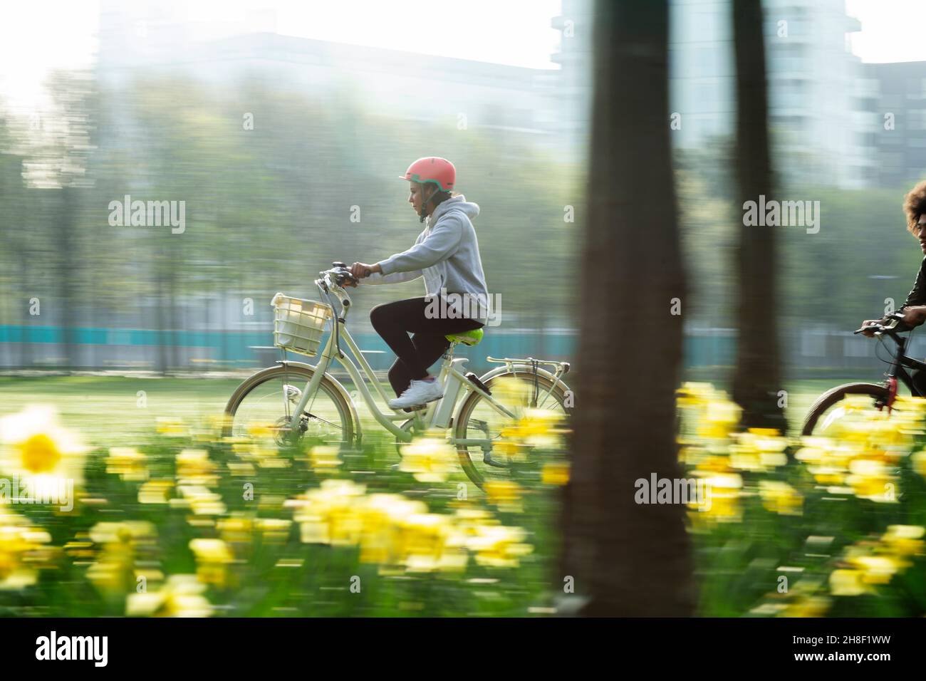 Junge Frau, die im sonnigen Frühlingspark Fahrrad fährt Stockfoto