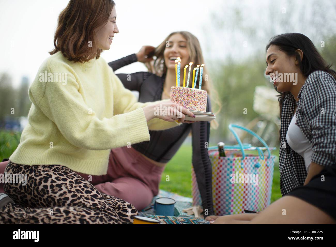 Junge Freundinnen feiern Geburtstag mit Kuchen im Park Stockfoto