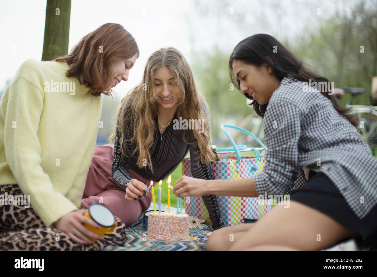 Junge Freundinnen feiern Geburtstag mit Kuchen im Park Stockfoto