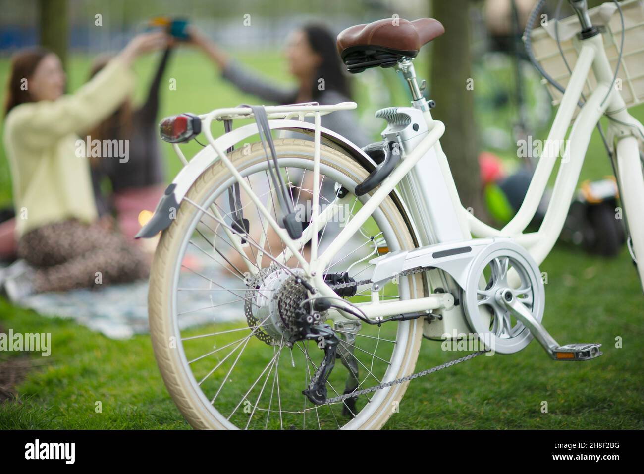 Freunde genießen Picknick hinter dem Fahrrad in Parkgras geparkt Stockfoto