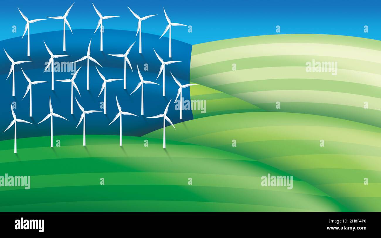 Windturbinen auf Feldern, die die US-Flagge repräsentieren Kreatives Konzept für Nachhaltigkeit und erneuerbare Energien saubere Energie Art der Anpassung an den Klimawandel COP28 Stockfoto