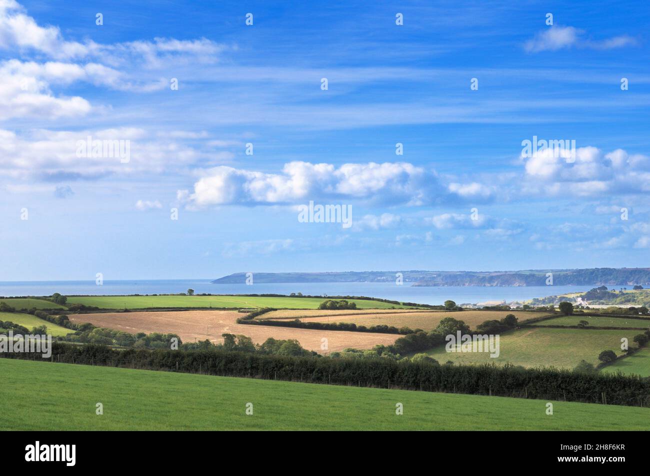 Ein einfacher Blick auf die Landschaft mit grünen Feldern, Bäumen, Hecken und Saatbeeten auf Ackerland an der Küste Cornwalls, England, Großbritannien. Stockfoto