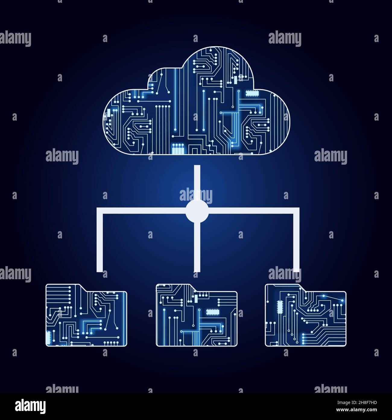 Cloud und Dateien mit elektronischer Schaltung. Blau und Verlaufshintergrund. Konzept des Hochladens oder Herunterladens in die Cloud. Cloud-Computing. Stock Vektor