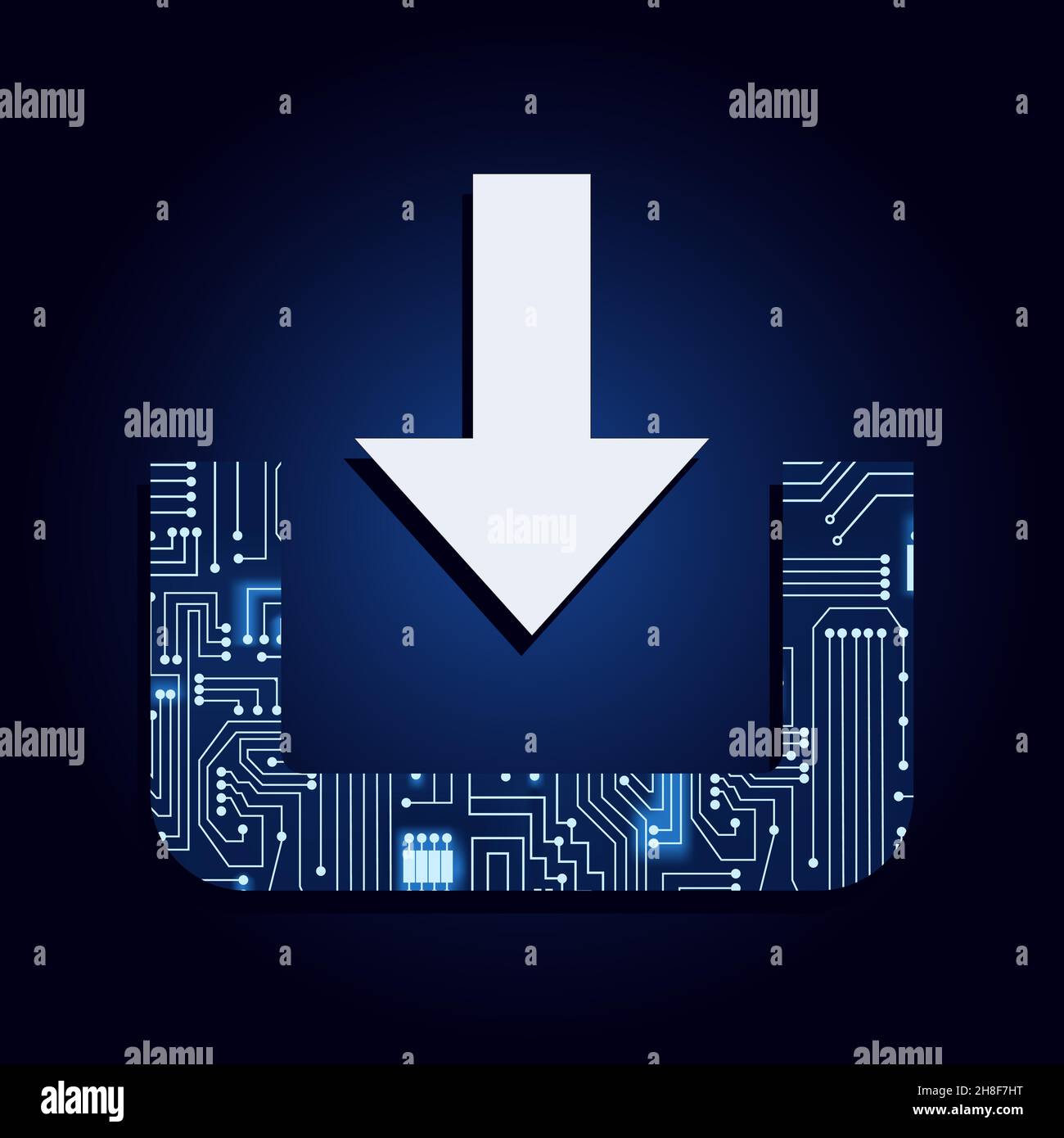 Download-Symbol mit elektronischer Schaltung. Blau und Verlaufshintergrund. Nach unten zeigender Pfeil, der den Datendownload darstellt. Stock Vektor