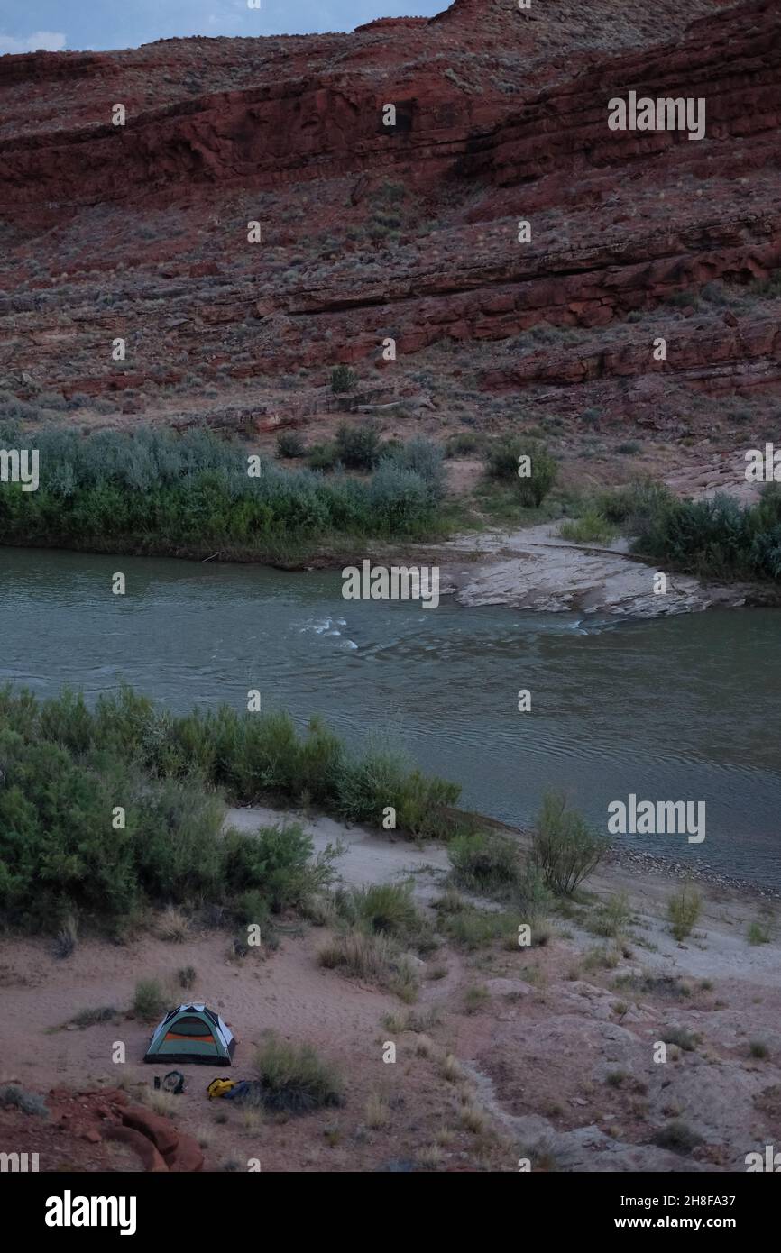 Backcountry-Zeltlager am San Juan River im Bears Ears National Monument, Utah Stockfoto