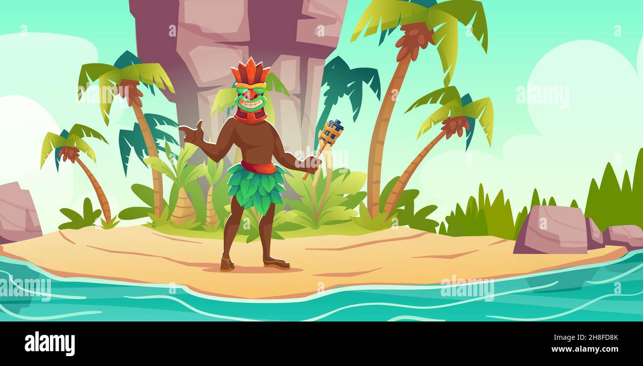 Tiki-Mann in Maske, der die Fackel in der Hand auf einer tropischen Insel hält, männlicher Charakter der Ureinwohner mit Stammeshölzern, hawaiianische oder polynesische Persönlichkeit mit verzahntem Gesicht Cartoon-Vektor-Illustration Stock Vektor