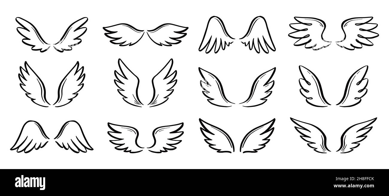Angel Doodle Flügel Set. Handgezeichneter Flügel im Skizzenstil. Vektorgrafik Vogelfeder, Engel Konzept. Bleistiftlinie zeichnen. Stock Vektor