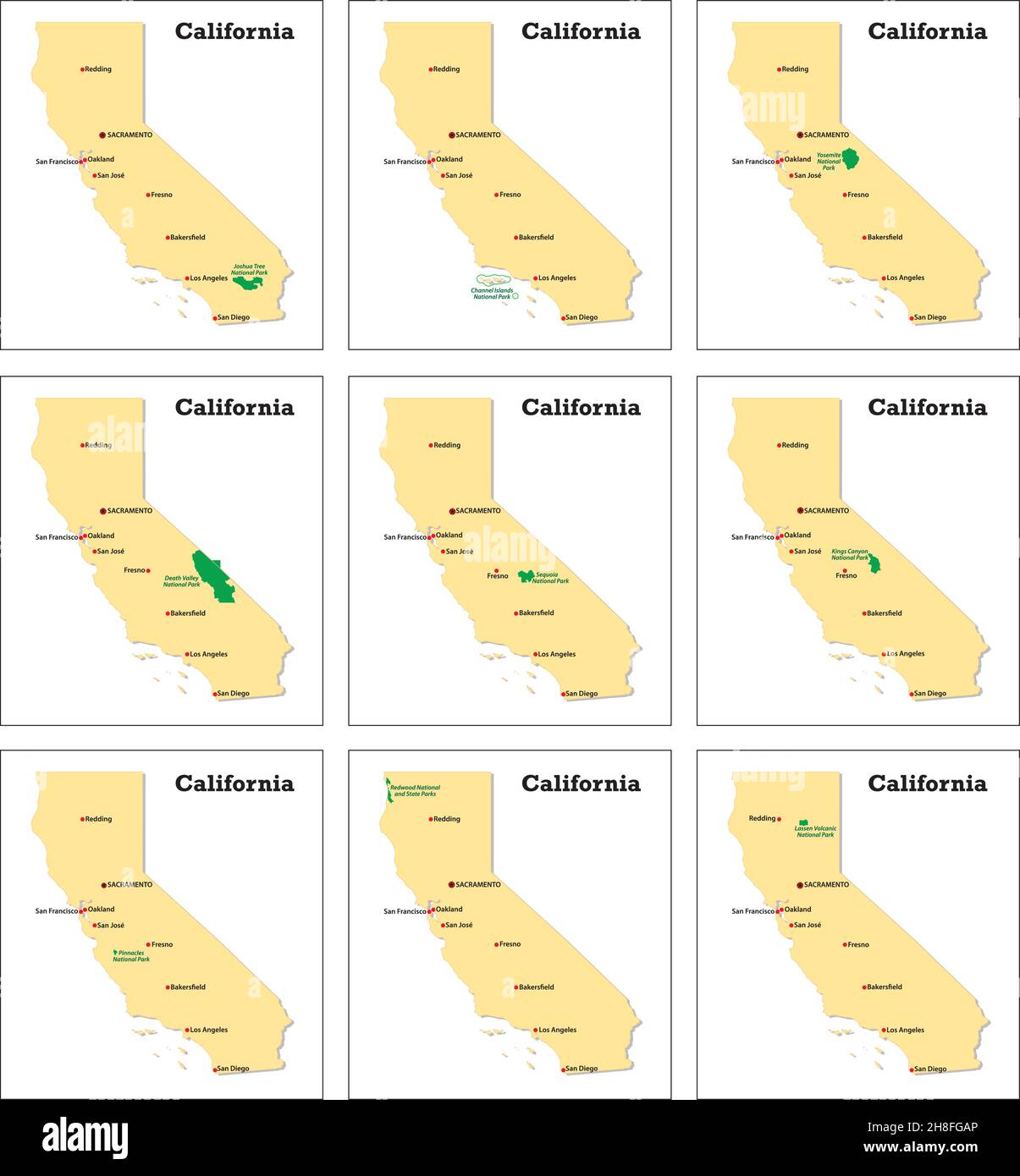 Neun kleine Vektorkarten von kalifornischen Nationalparks Stock Vektor