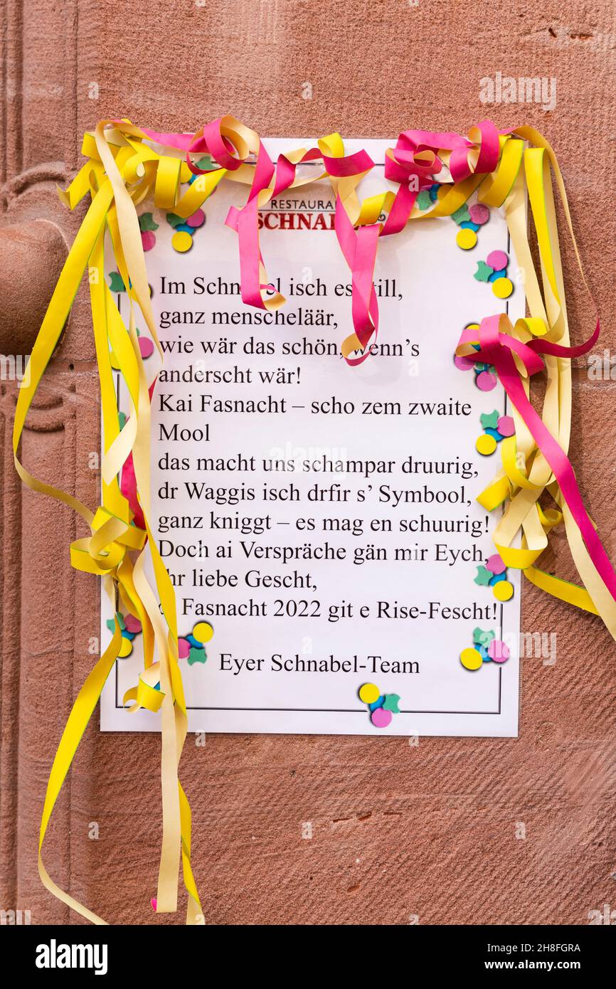 Basel, Schweiz - Februar 21. Karneval Gedicht in der Hoffnung auf eine covid-19 kostenlose Karneval 2022 Stockfoto