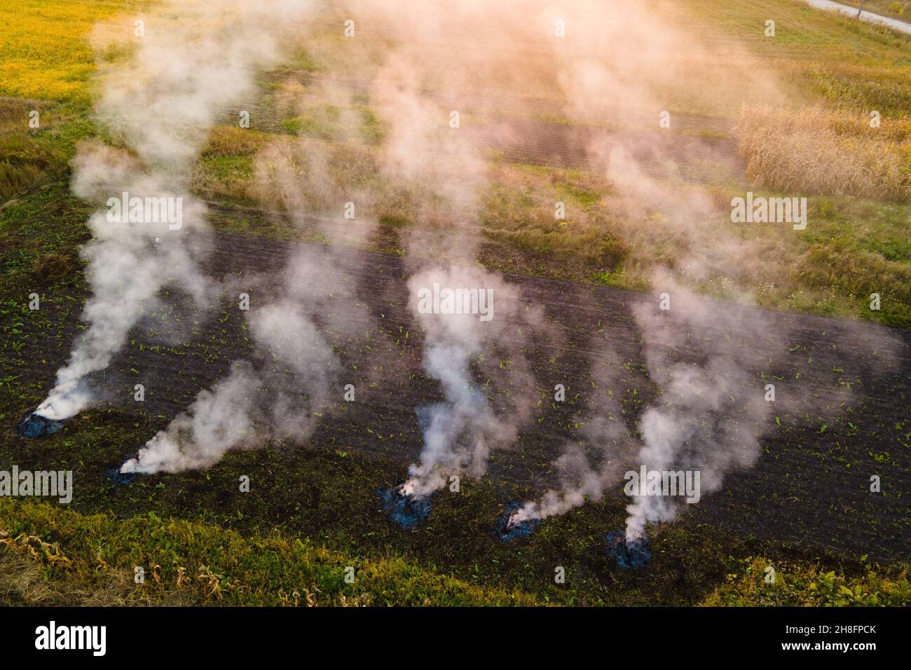 Luftaufnahme von Lagerfeuern von landwirtschaftlichen Abfällen durch trockenes Gras und Strohstoppel, die während der Trockenzeit auf Ackerland mit dichtem Rauch die Luft verschmutzen Stockfoto