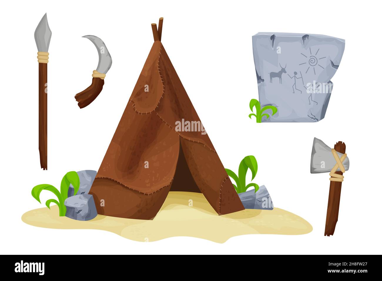 Steinzeit Set mit barbarischen Hütte, Werkzeuge und Waffe aus Stein und Holzstäbchen in Cartoon-Stil isoliert auf weißem Hintergrund Stock Vektor-Illustration Stock Vektor