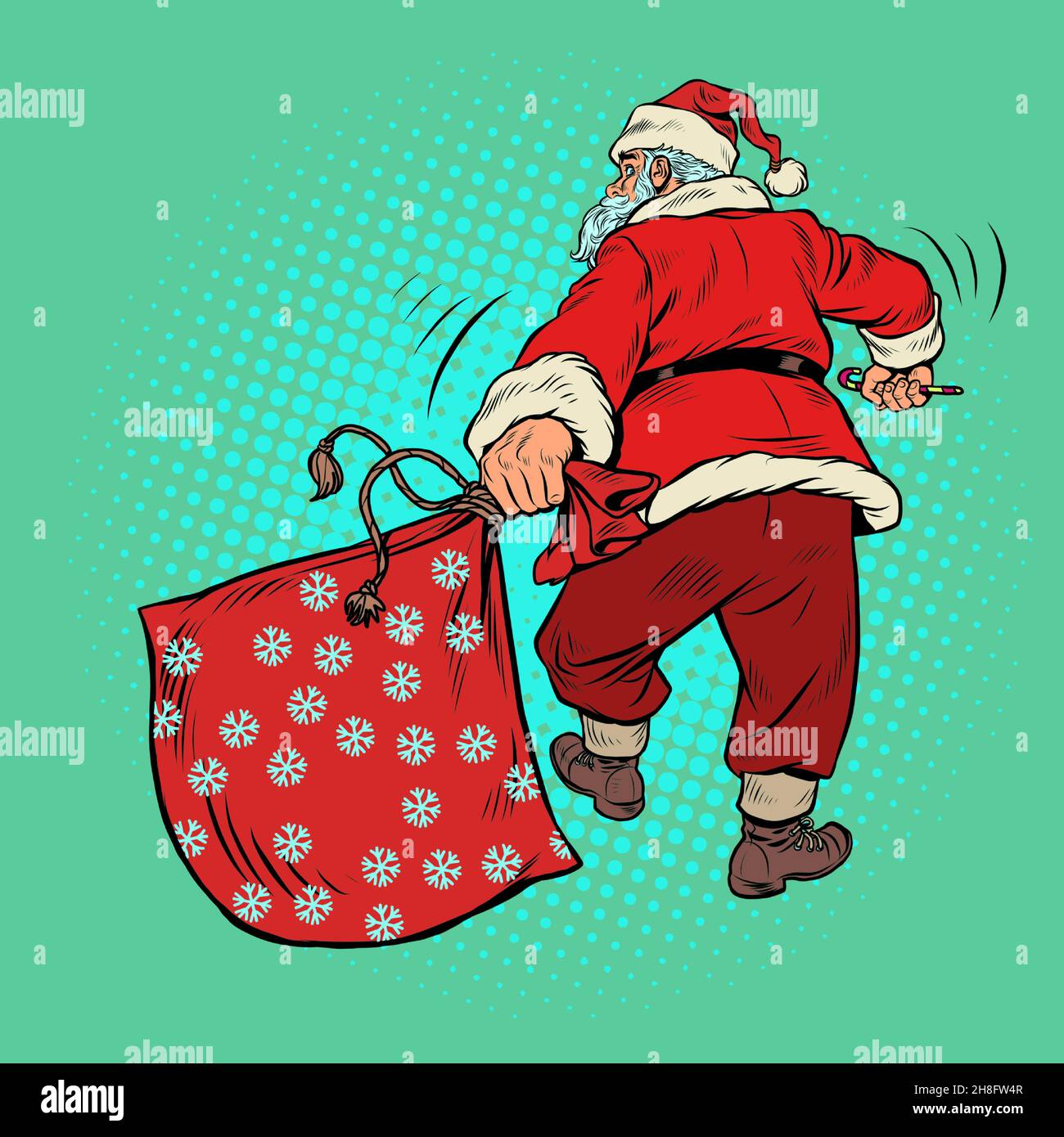 Weihnachtsmann mit einer leeren Geschenktüte. Weihnachten und Neujahr Winterferien Stock Vektor