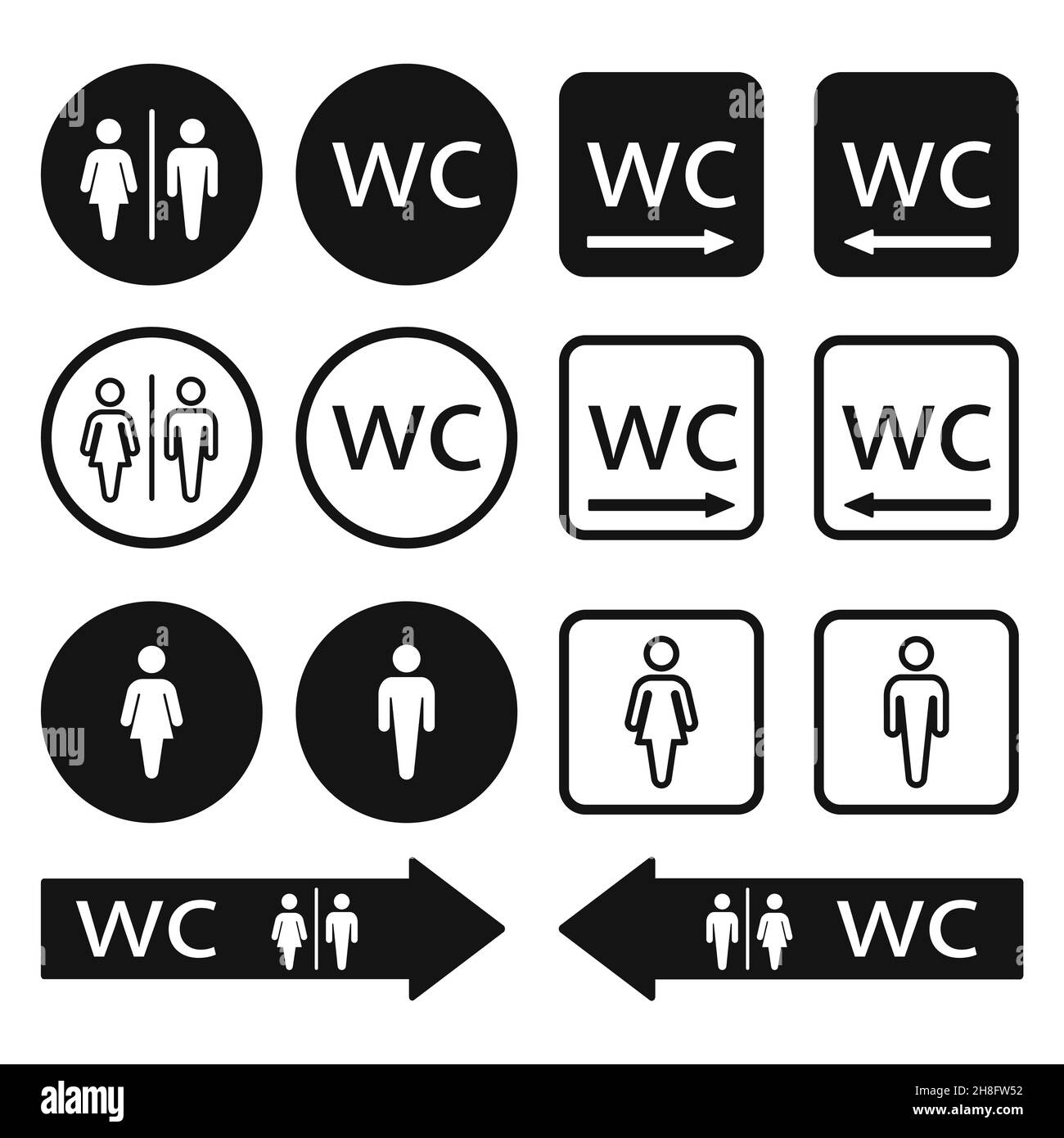 WC Toilettensymbole eingestellt. WC-Schilder für Männer und Frauen. Vektordarstellung des Symbols „WC-Richtungspfeil“. Stock Vektor