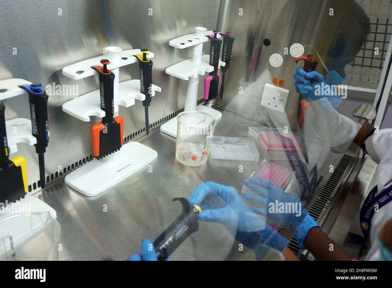 Chennai, Tamil Nadu, Indien. 30th. November 2021. Ein medizinischer Mitarbeiter arbeitet in einem Sequenzierungslabor der Direktion für medizinische und ländliche Gesundheitsdienste in Chennai. Im Labor werden die Proben systematisch auf verschiedene Coronavirus-Mutationen untersucht. Ziel ist es, schnell Mutationen zu identifizieren, die hinsichtlich der Übertragbarkeit, der Schwere der Erkrankung und des Impfstoffs ein besonderes Risiko darstellen. Die WHO (Weltgesundheitsorganisation) klassifizierte den neuen Omicron-Stamm der Variante des Bedenkens (VOC) als „hohes Risiko“ (Bild der Quelle: © Sri Loganathan/ZUMA Press Wire) Stockfoto