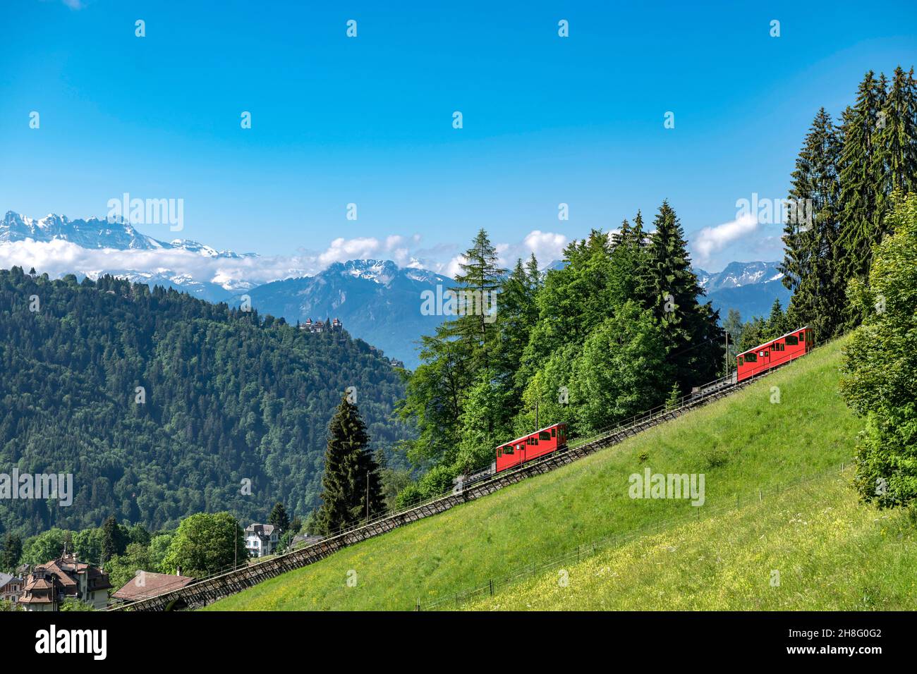 Schweiz, Waadt, Waadt, été, Sommer, Sommer , Montreux , Funiculaire, Standseilbahn, Standseilbahn Les Avants – Sonloup, Les Avants, montagnes, Berge, m. Stockfoto