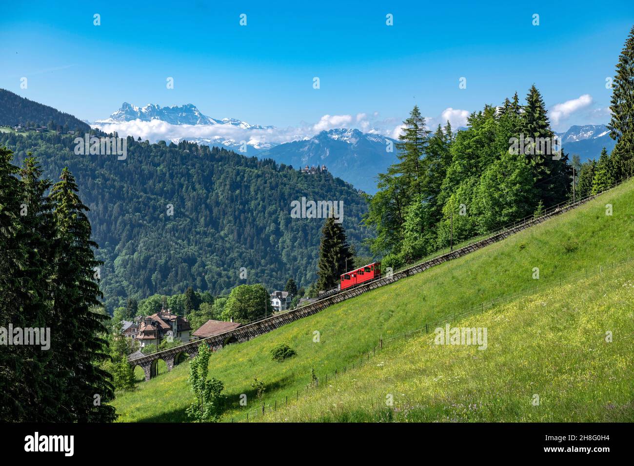 Schweiz, Waadt, Waadt, été, Sommer, Sommer , Montreux , Funiculaire, Standseilbahn, Standseilbahn Les Avants – Sonloup, Les Avants, montagnes, Berge, m. Stockfoto