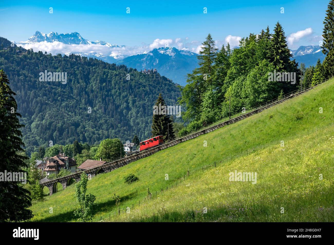 Schweiz, Waadt, Waadt, été, Sommer, Sommer , Montreux , Funiculaire, Standseilbahn, Standseilbahn Les Avants – Sonloup, Les Avants, montagnes, Berge, m. Stockfoto