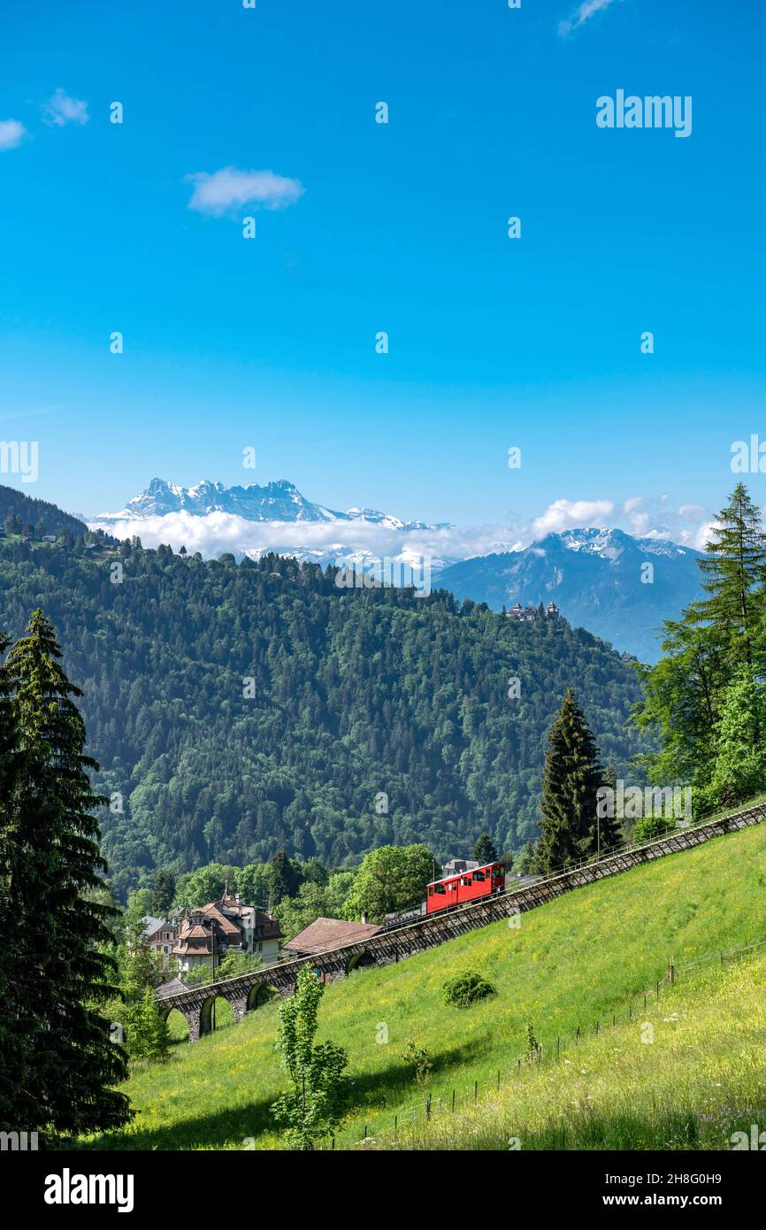 Schweiz, Waadt, Waadt, été, Sommer, Sommer , Montreux , Funiculaire, Standseilbahn, Standseilbahn Les Avants – Sonloup, Les Avants, montagnes, Berge, m. Stockfoto